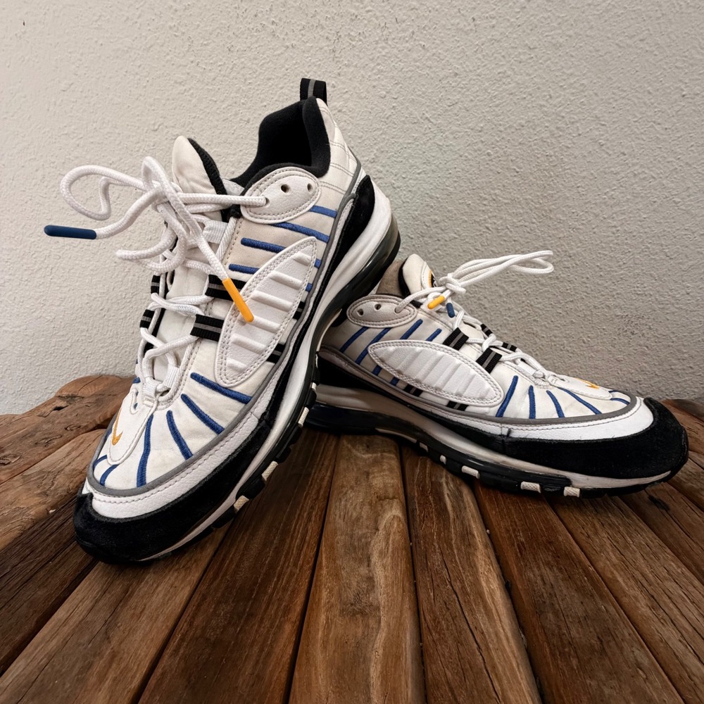 Vintage Nike Air Max 98 Size 8 White Blue Yellow Black Running Shoes 640744-102